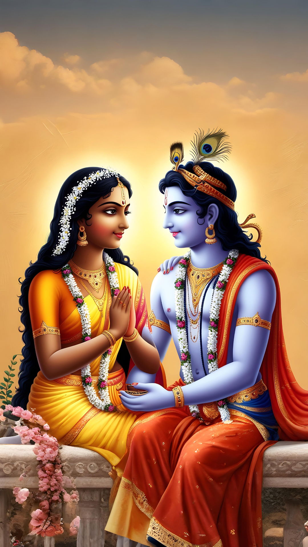 Radha Krishna loving gaze devotional wallpaper