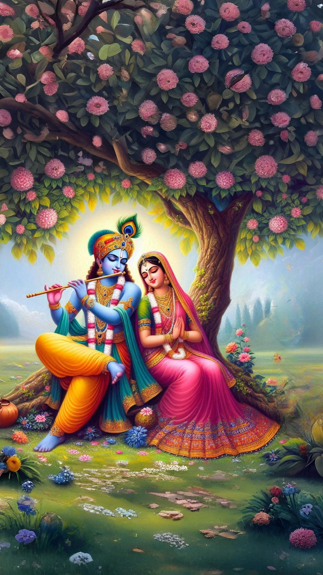 Radha Krishna under a flowering tree