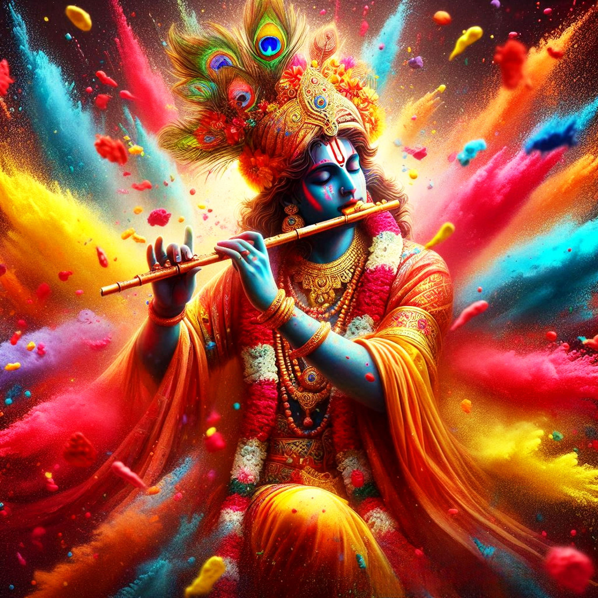 Krishna playing flute during Holi festival