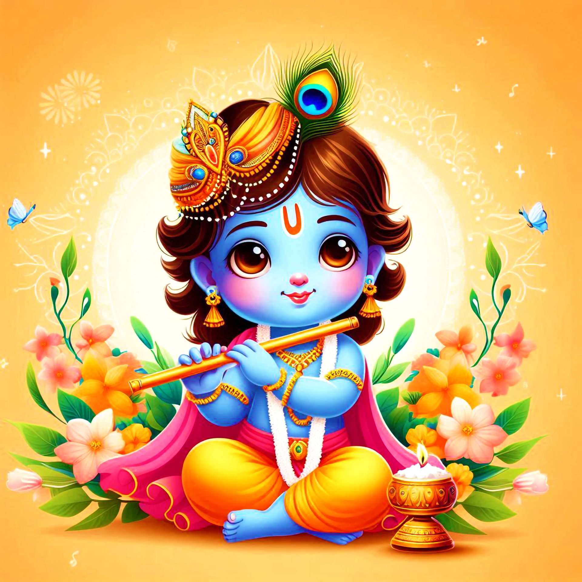 Baby Krishna playing flute, devotional wallpaper.