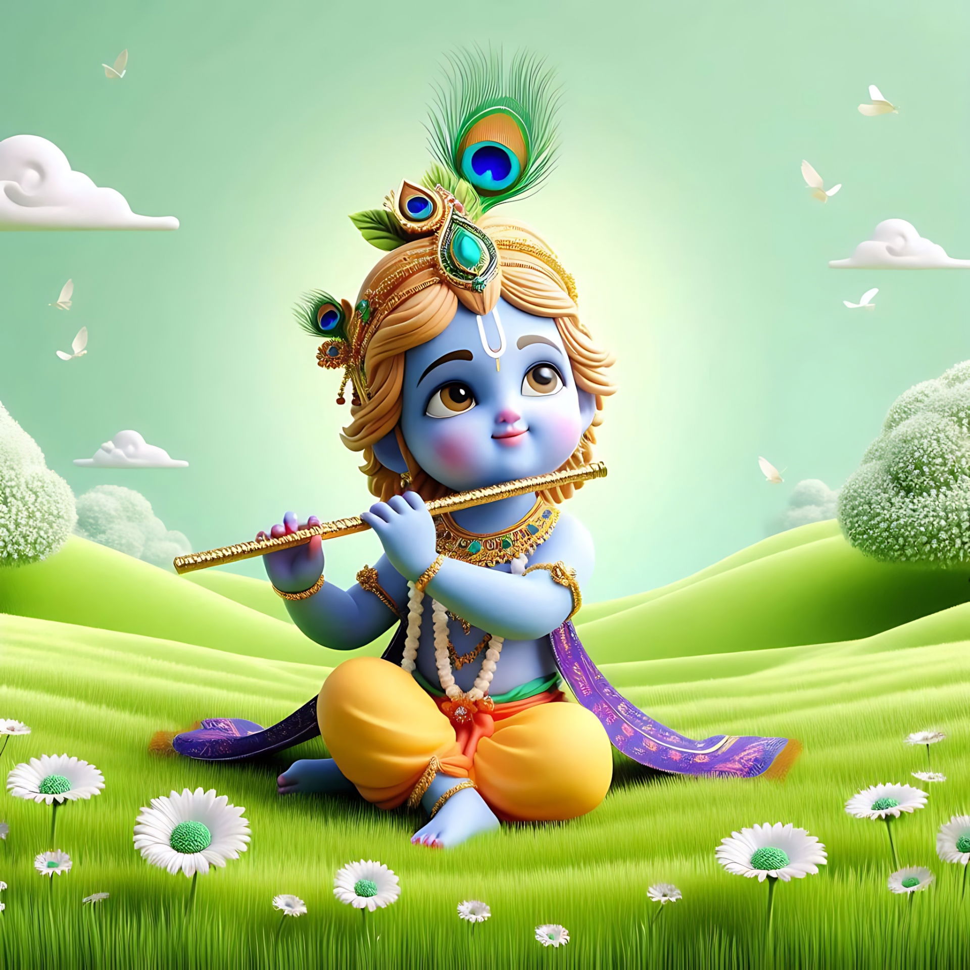 Cute baby Krishna playing the flute.