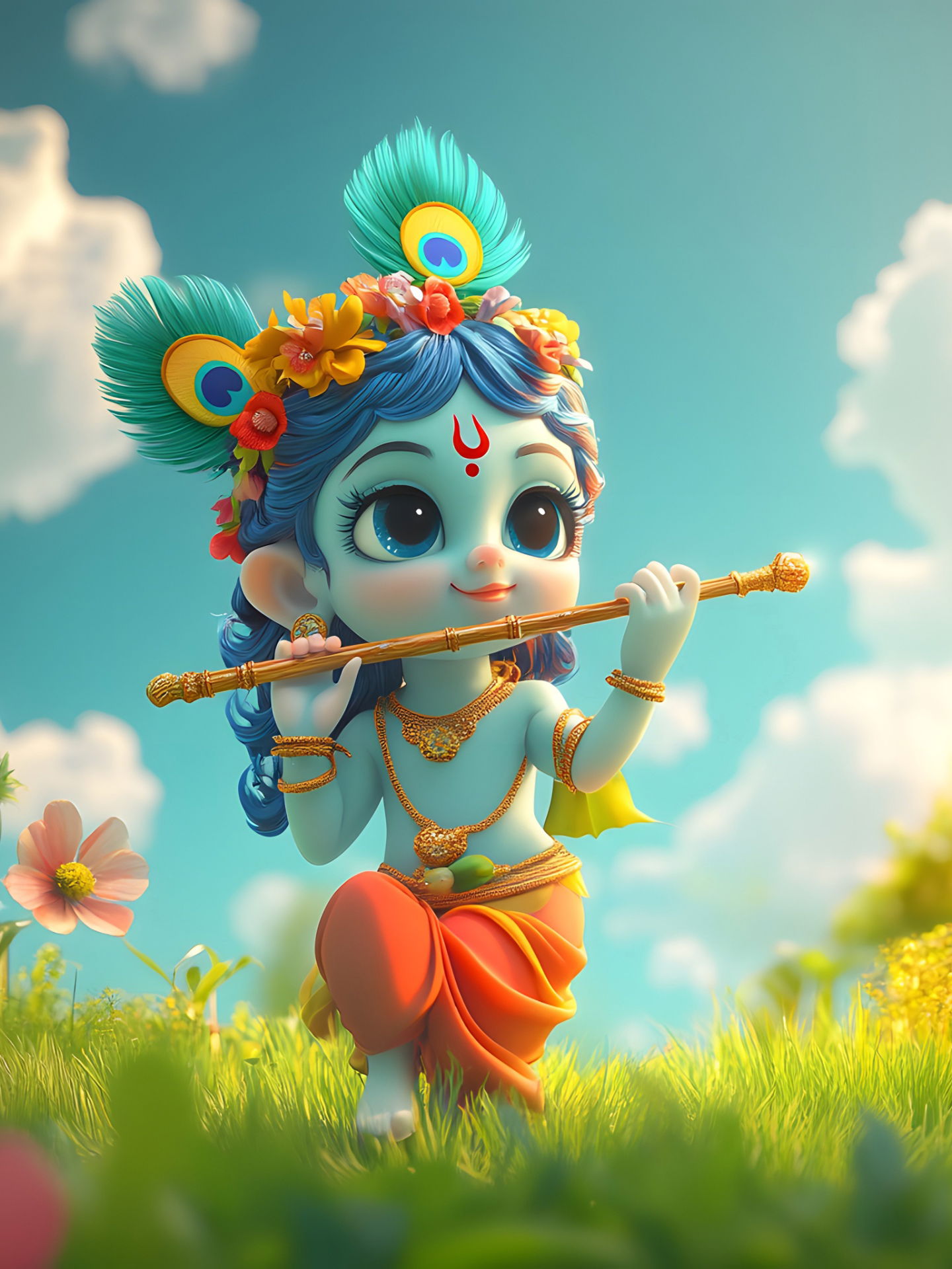 Cute baby Krishna with a flute.