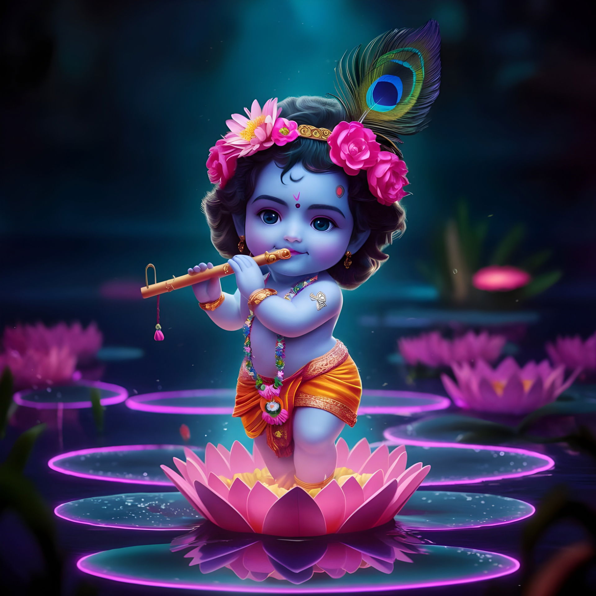 Baby Krishna playing flute on lotus