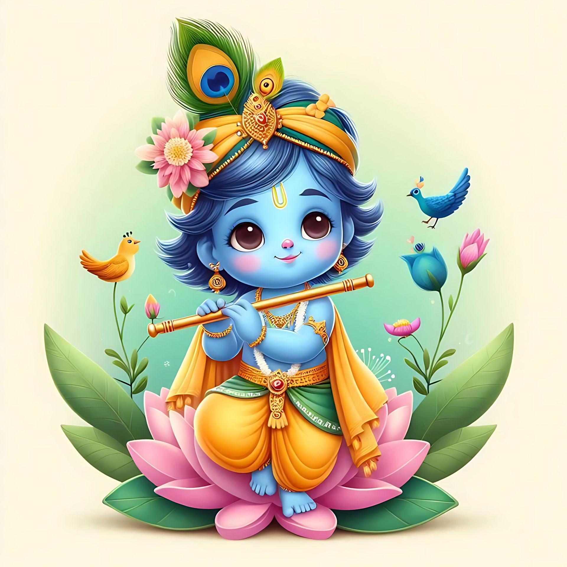 Baby Krishna playing flute on lotus