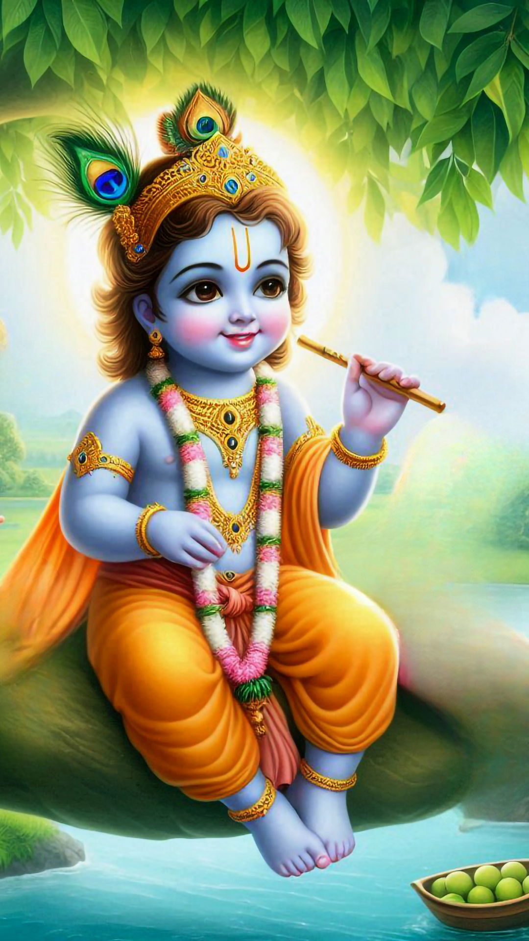 Baby Krishna playing a flute in forest