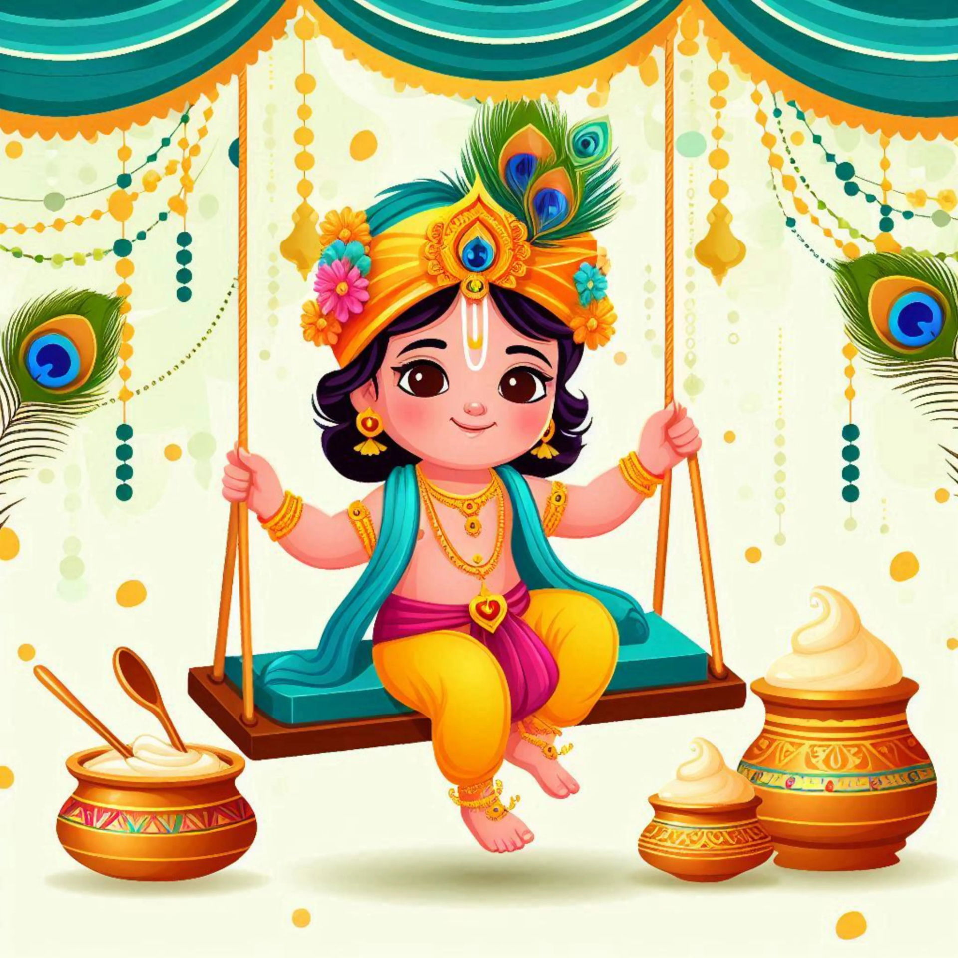 Baby Krishna swinging with butter pot