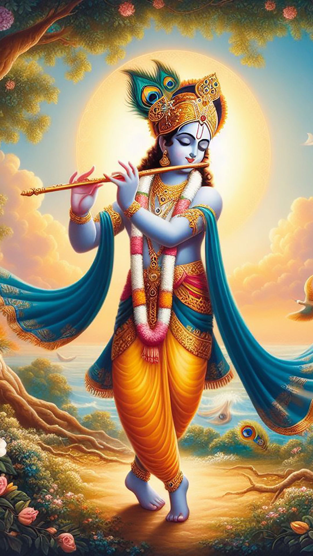 Lord Krishna playing a flute in forest