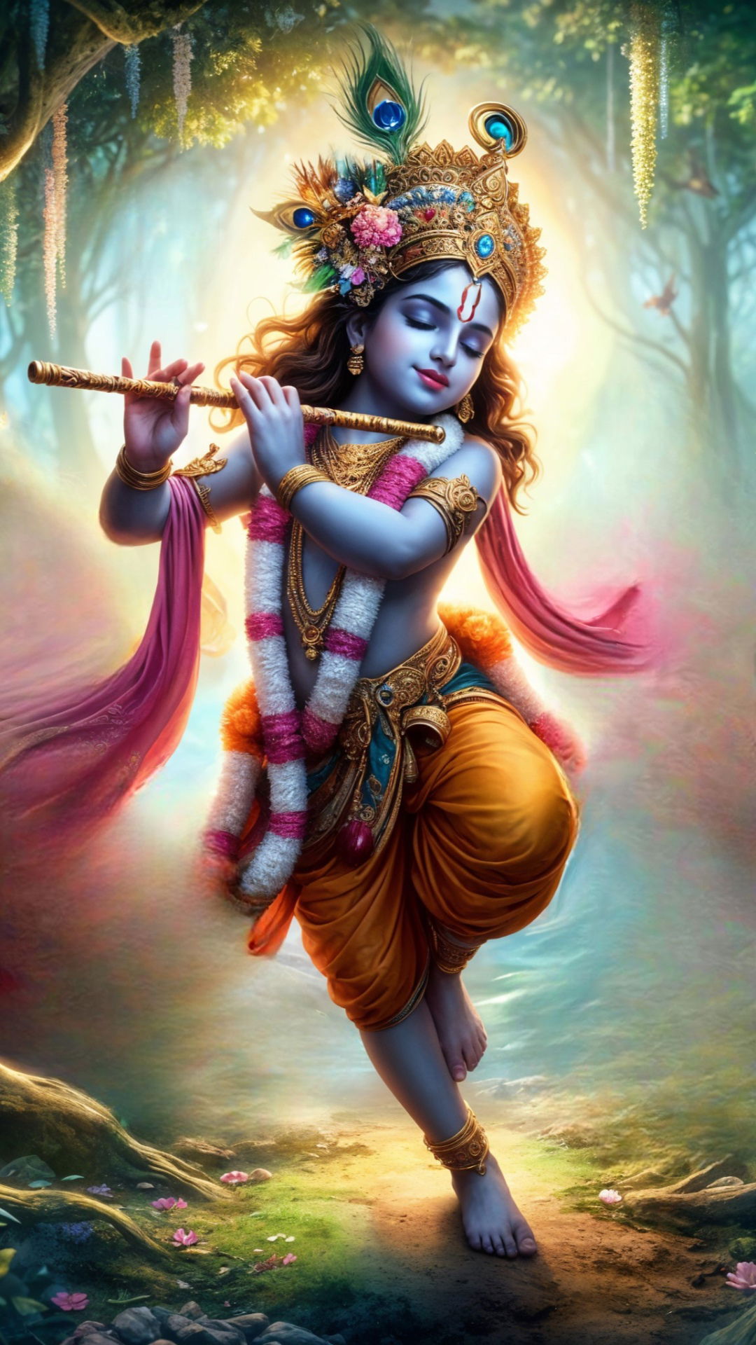 Krishna playing flute in forest
