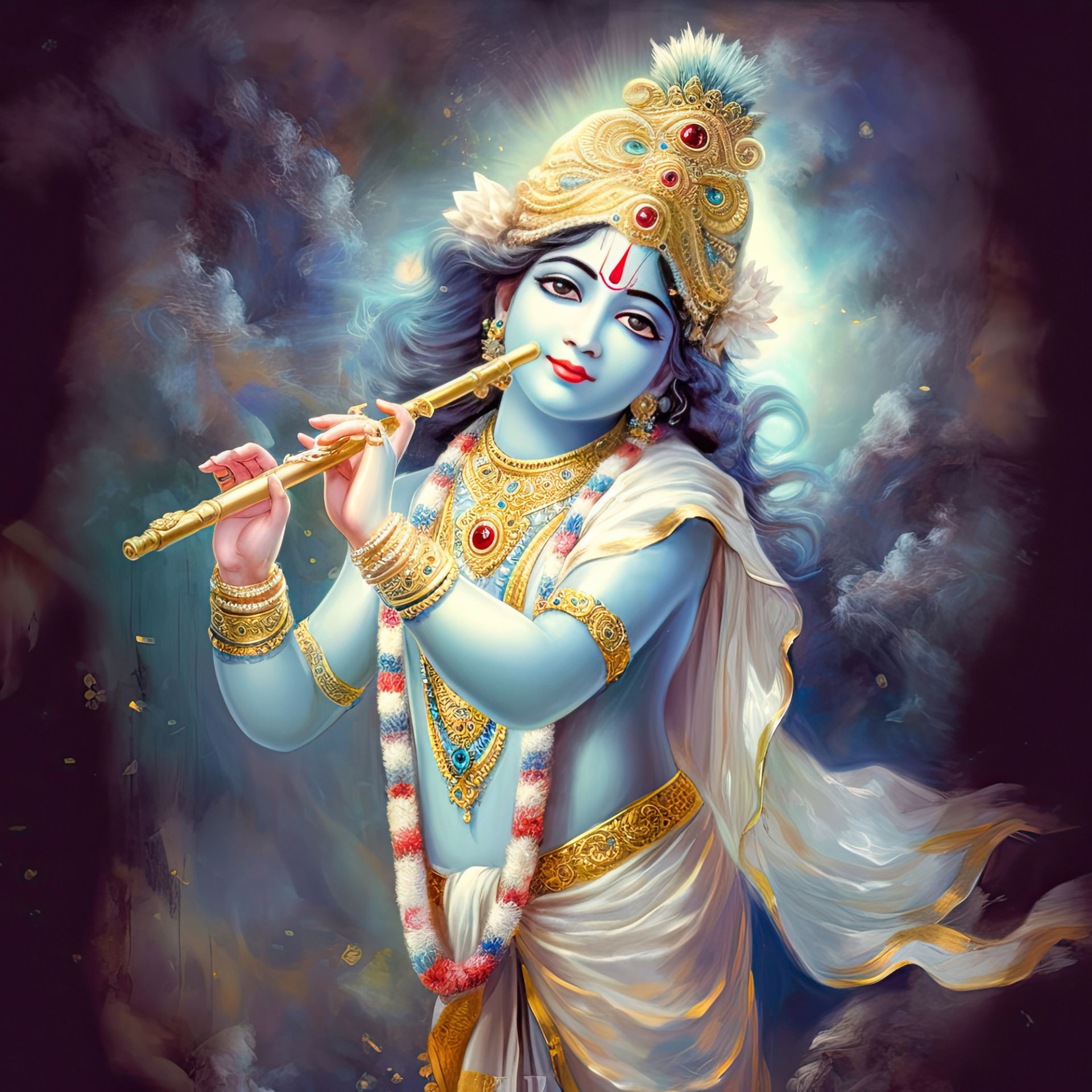 Lord Krishna playing a flute, divine.
