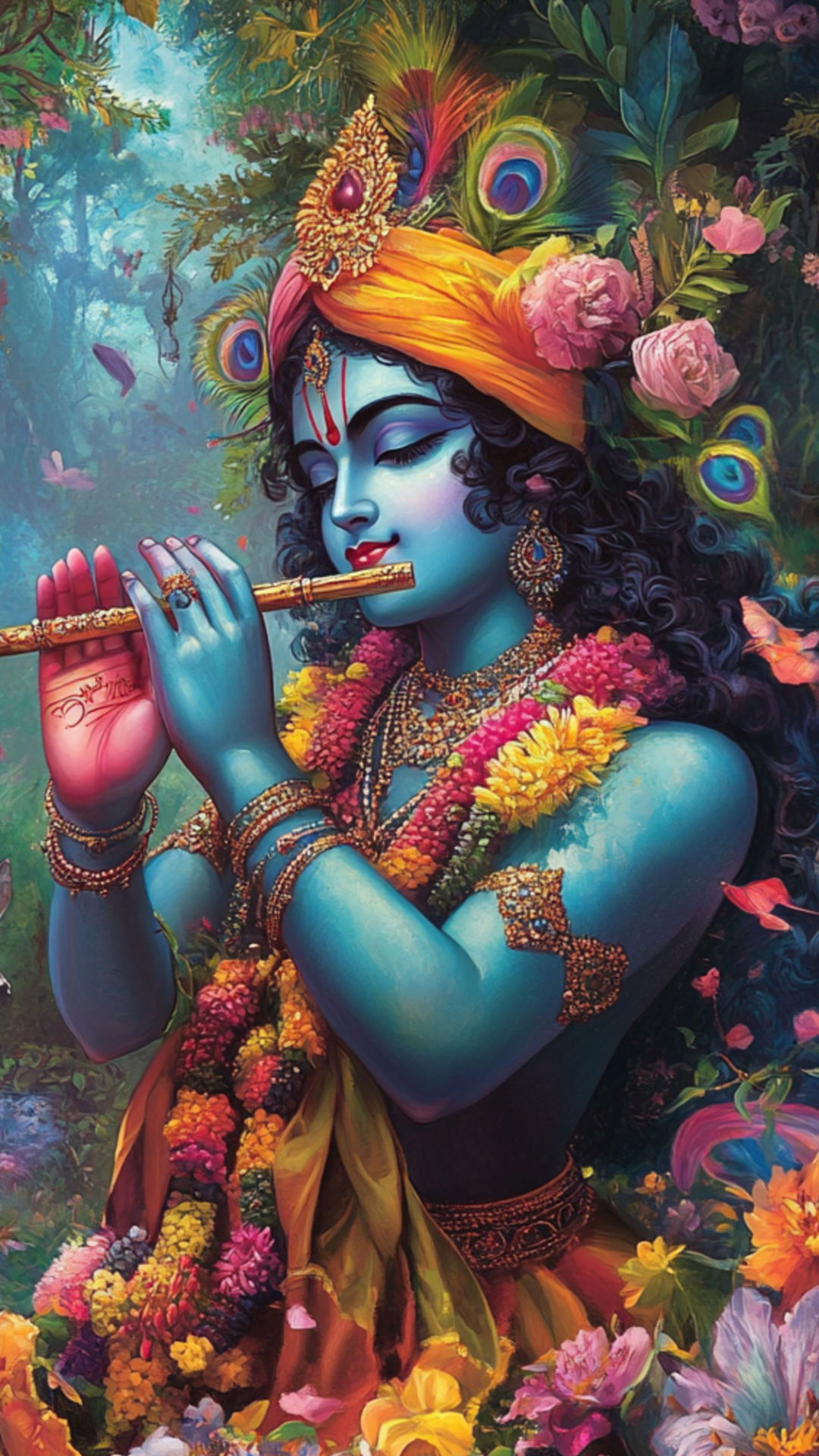 Lord Krishna playing a flute amidst flowers