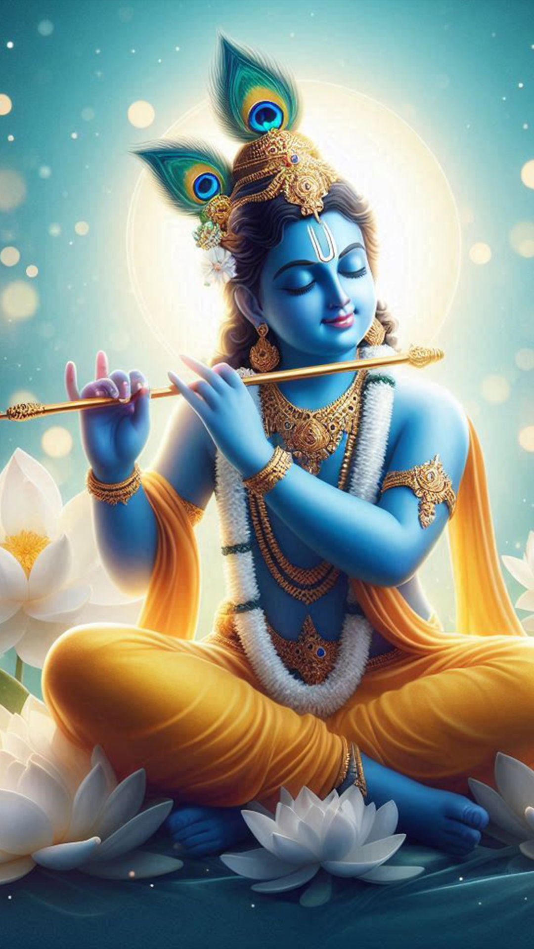 Krishna playing flute amongst lotus flowers