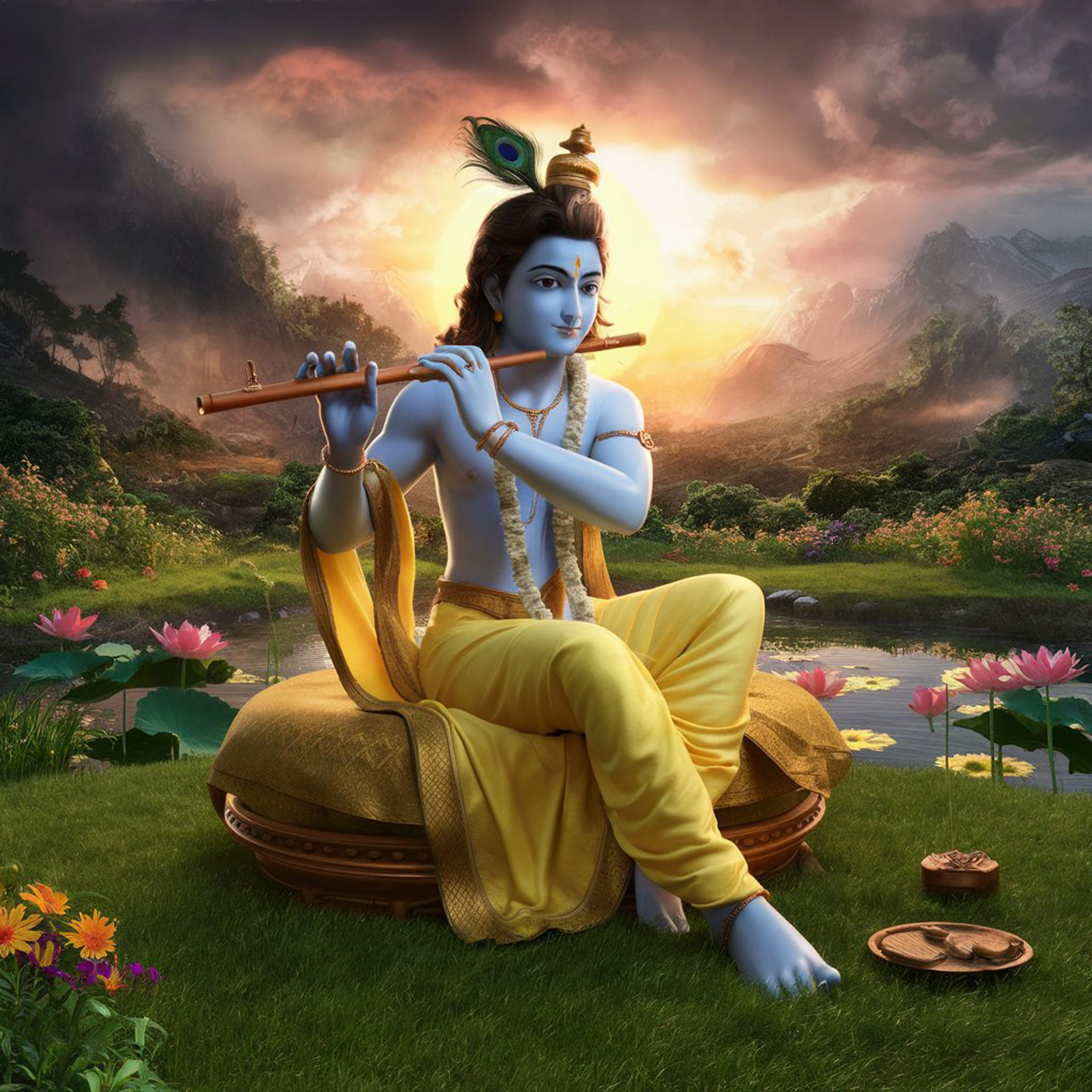 Krishna playing flute in serene landscape