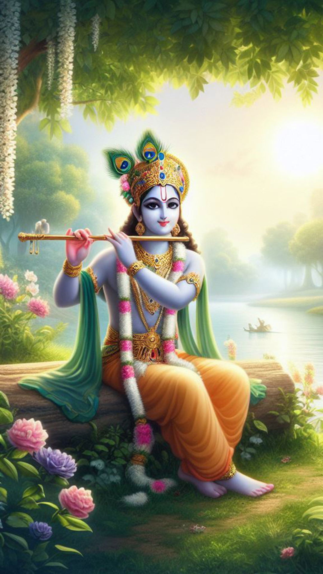 Krishna playing flute in Vrindavan forest