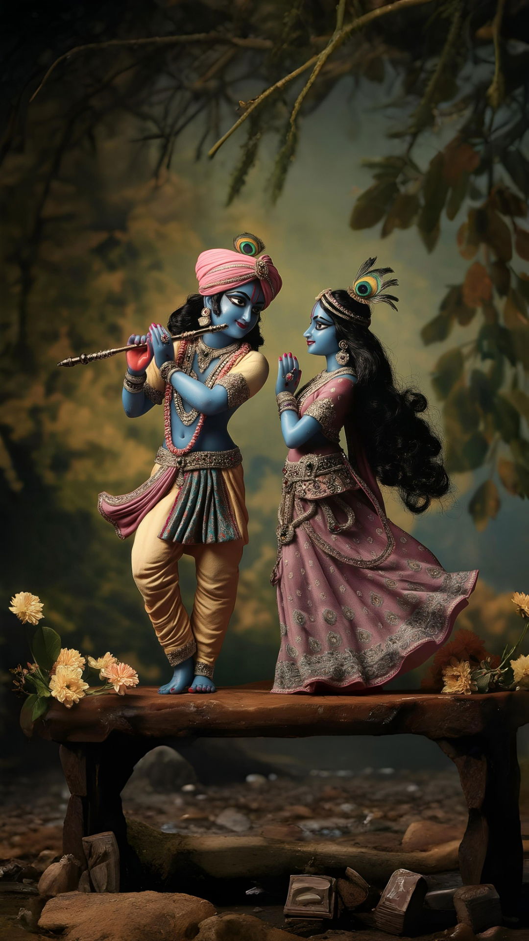 Radha and Krishna playing flute in forest