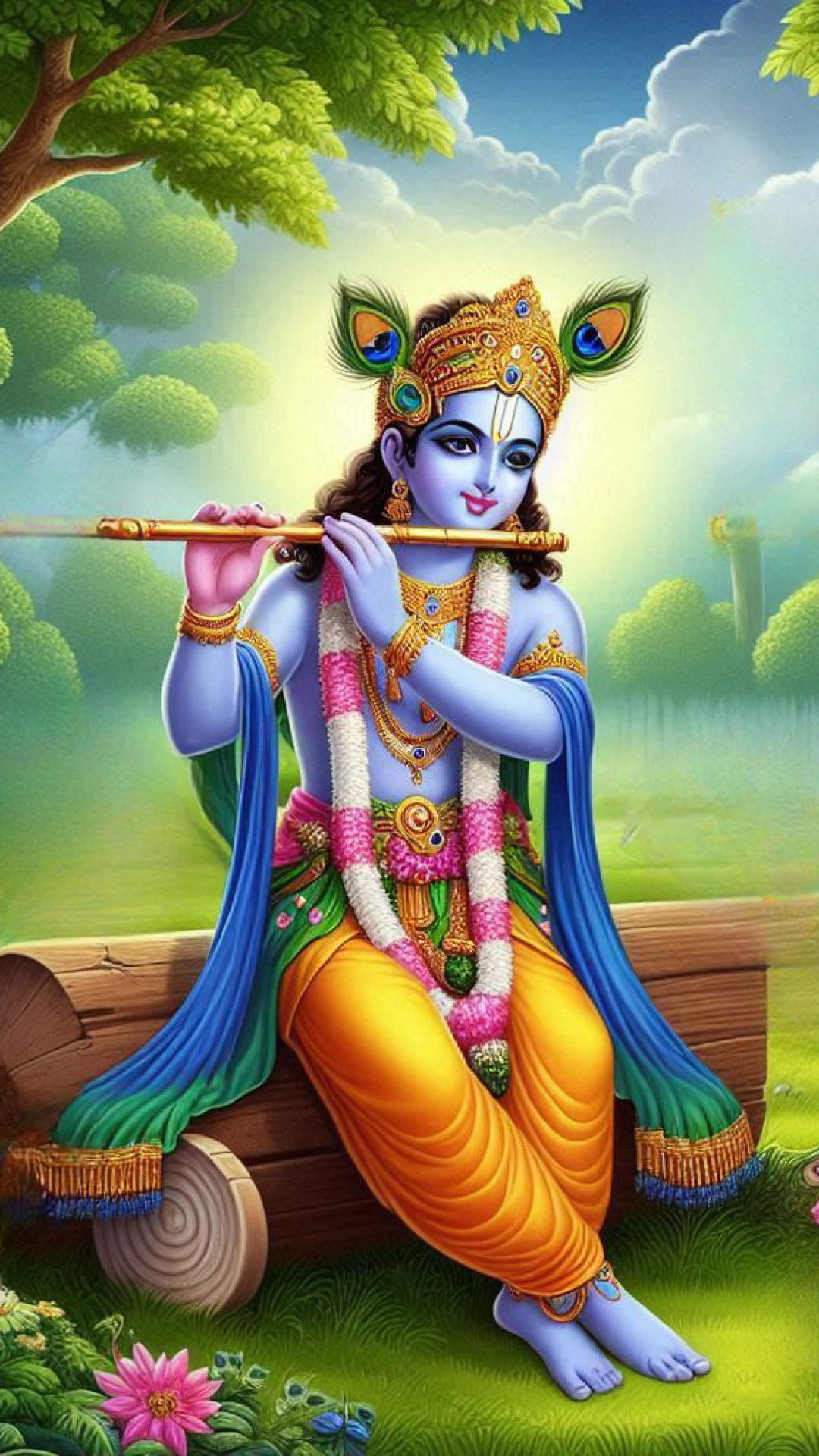 Krishna playing flute in forest setting