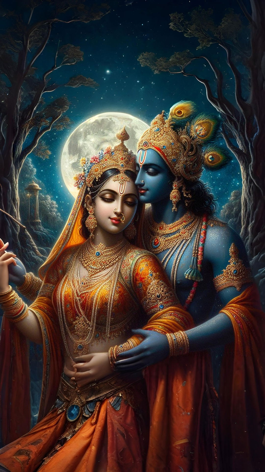 Radha Krishna embracing under moonlight