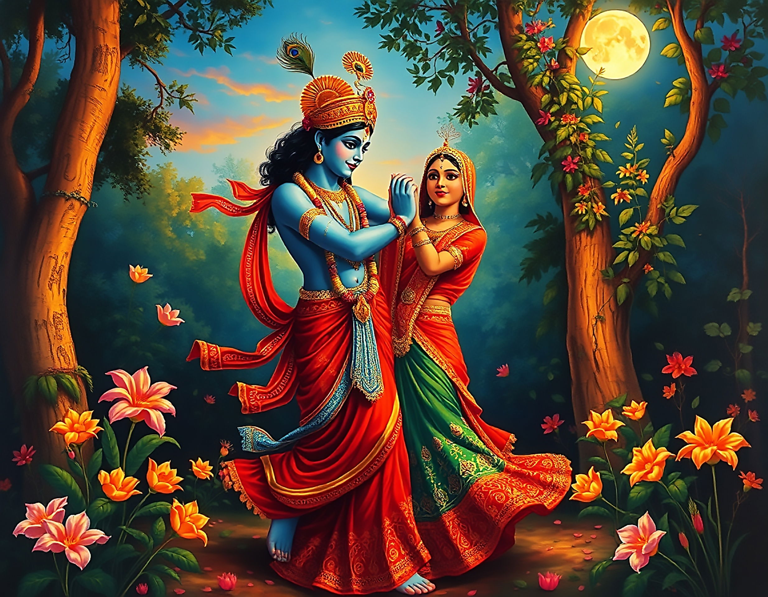 Radha and Krishna in a forest setting
