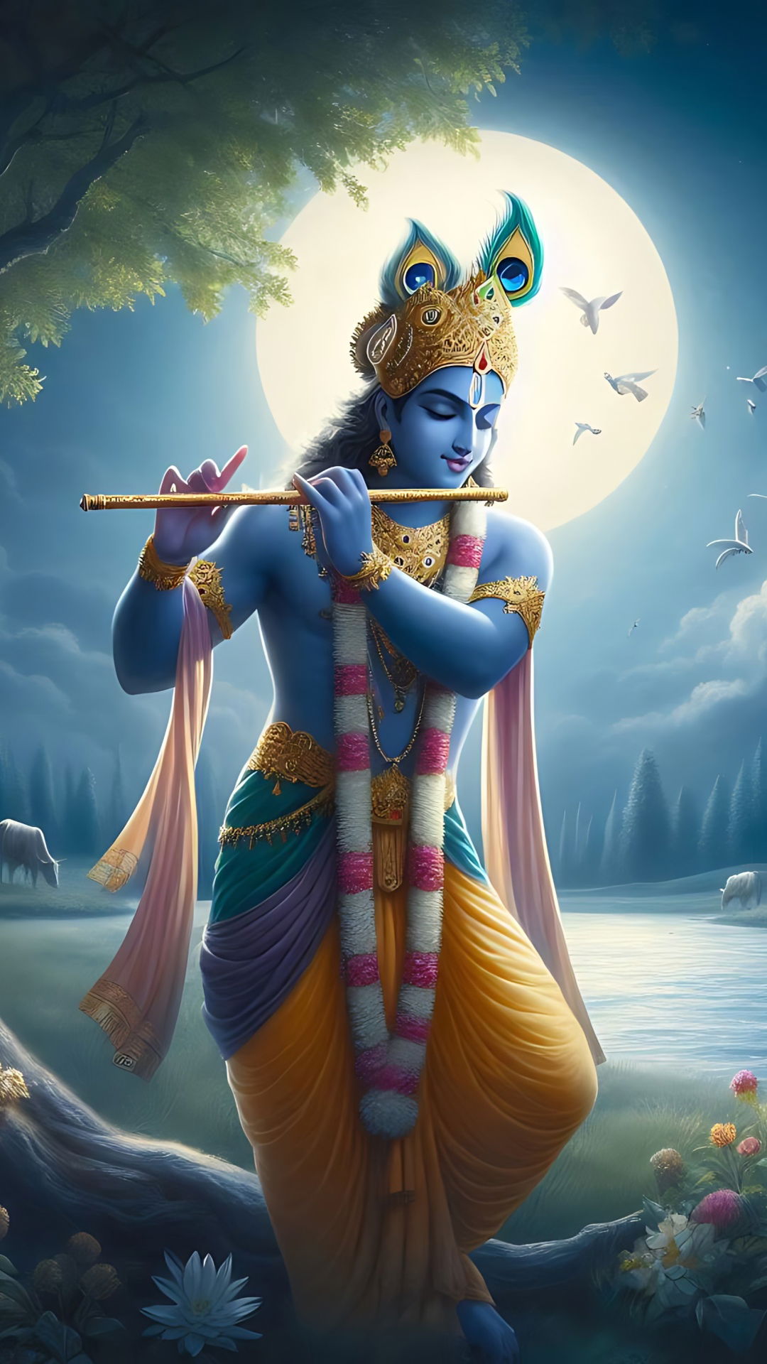Krishna playing flute under moonlit sky
