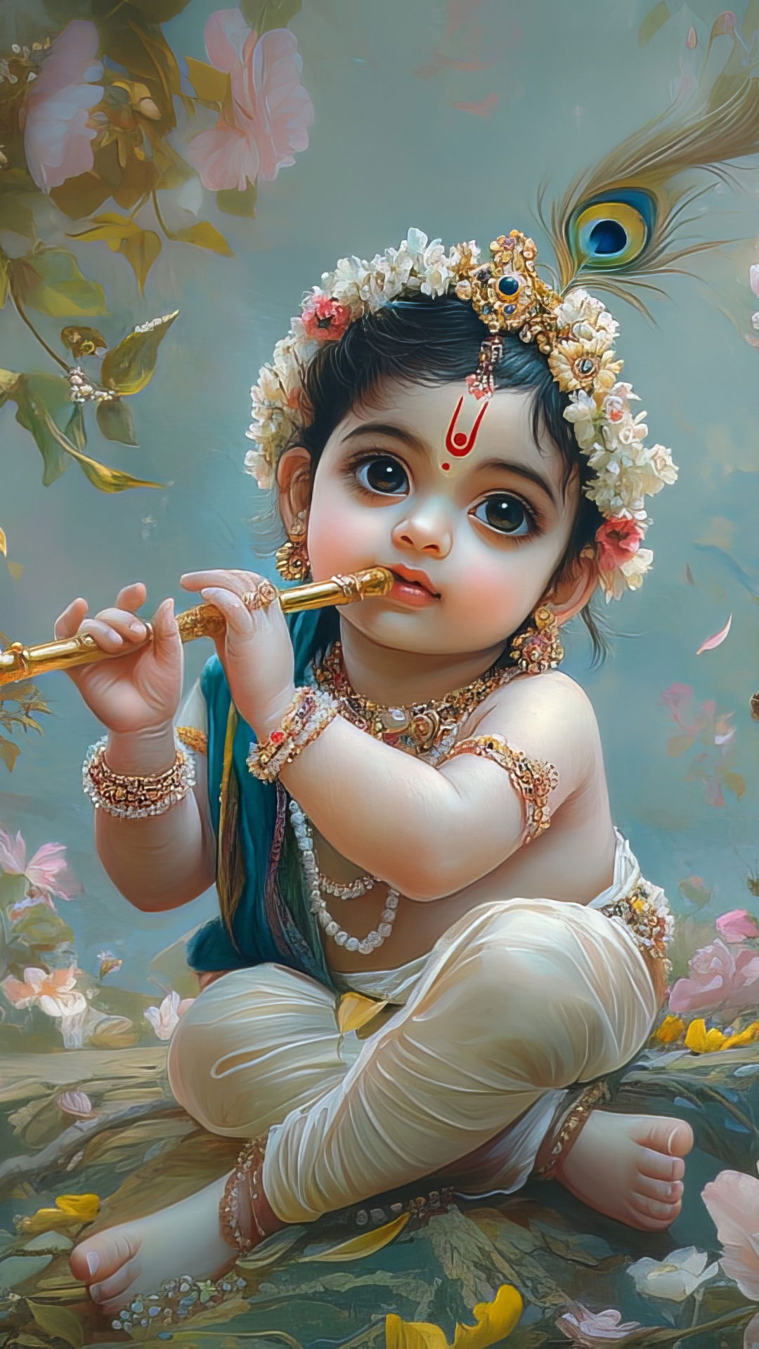 Baby Krishna playing a flute.