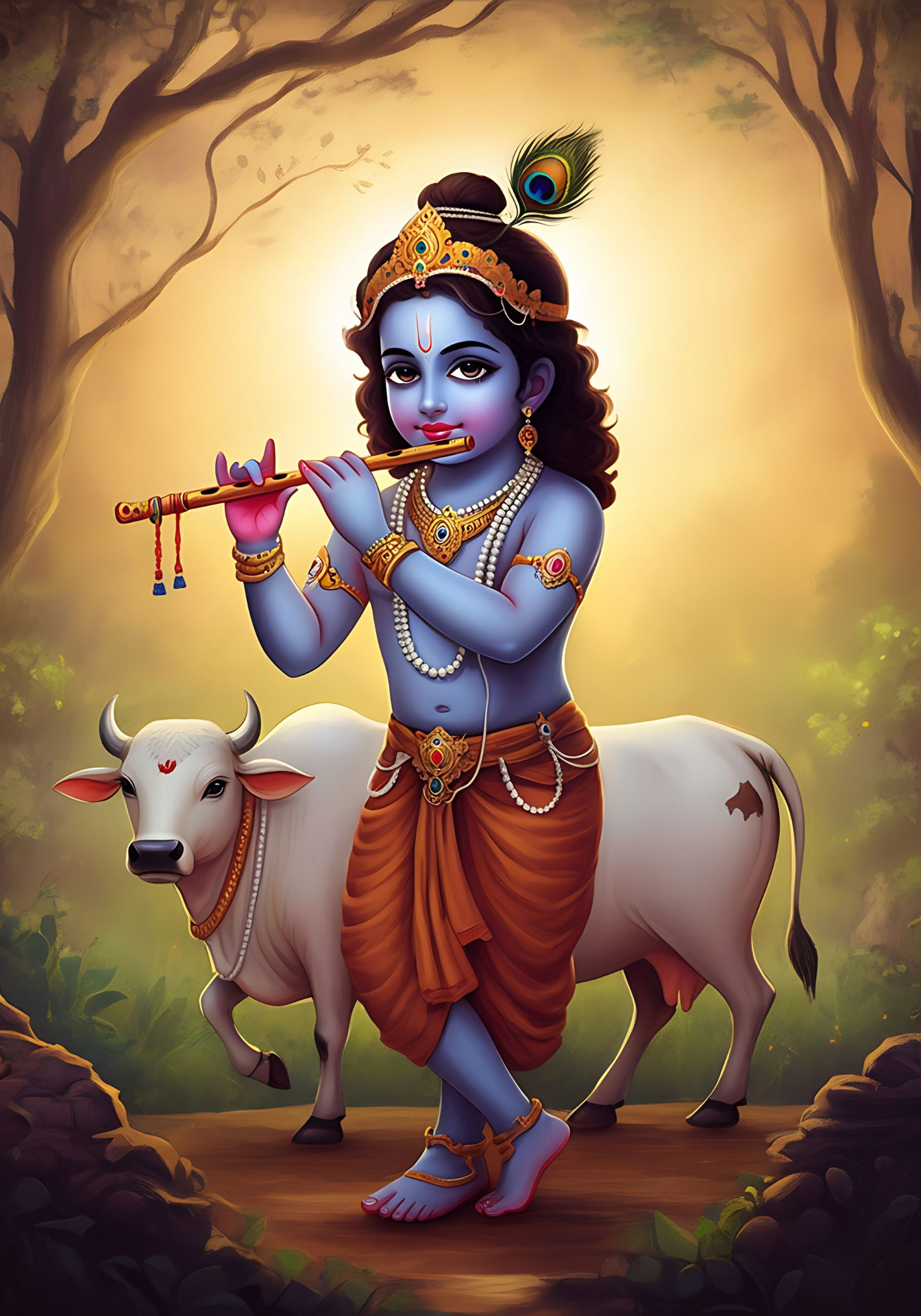 Krishna playing flute with a cow