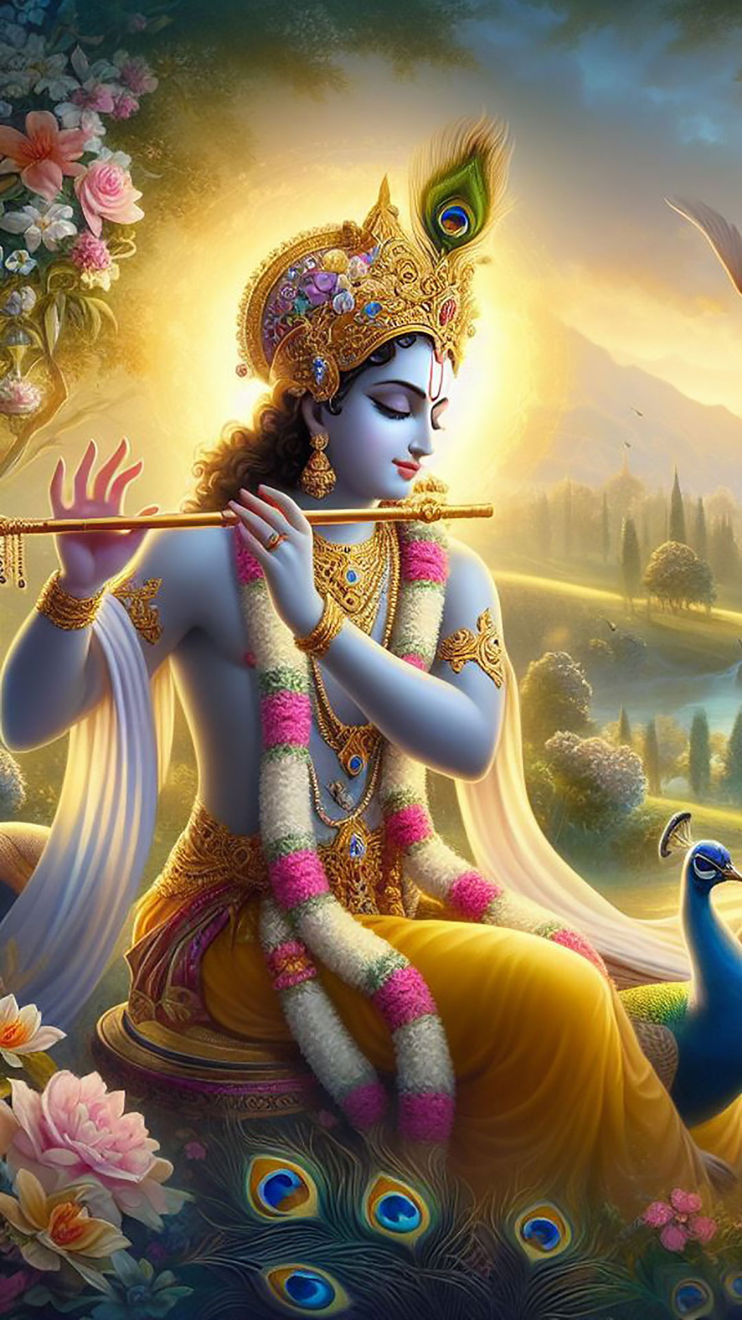 Lord Krishna playing the flute serenely