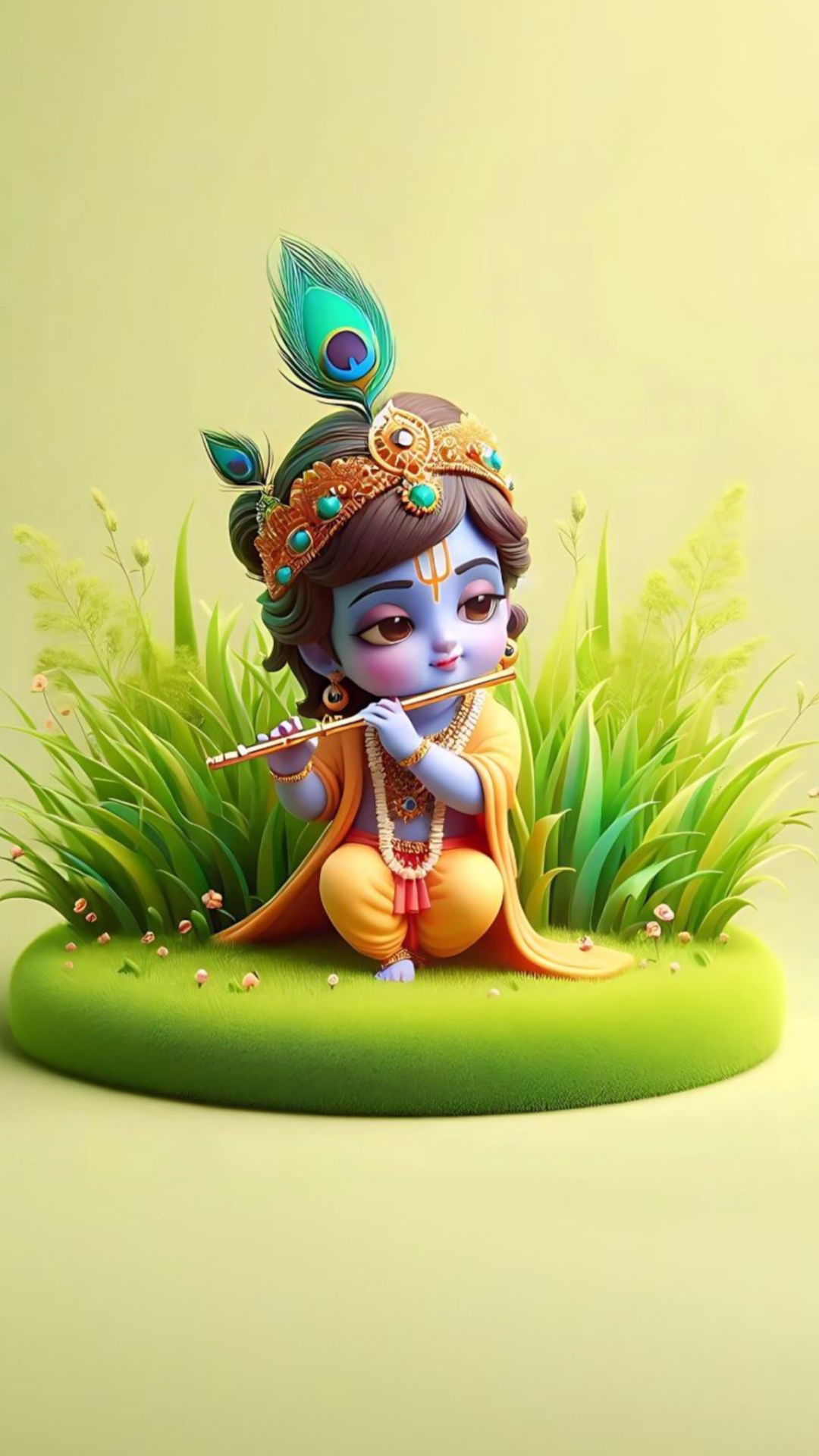 Baby Krishna playing flute in meadow