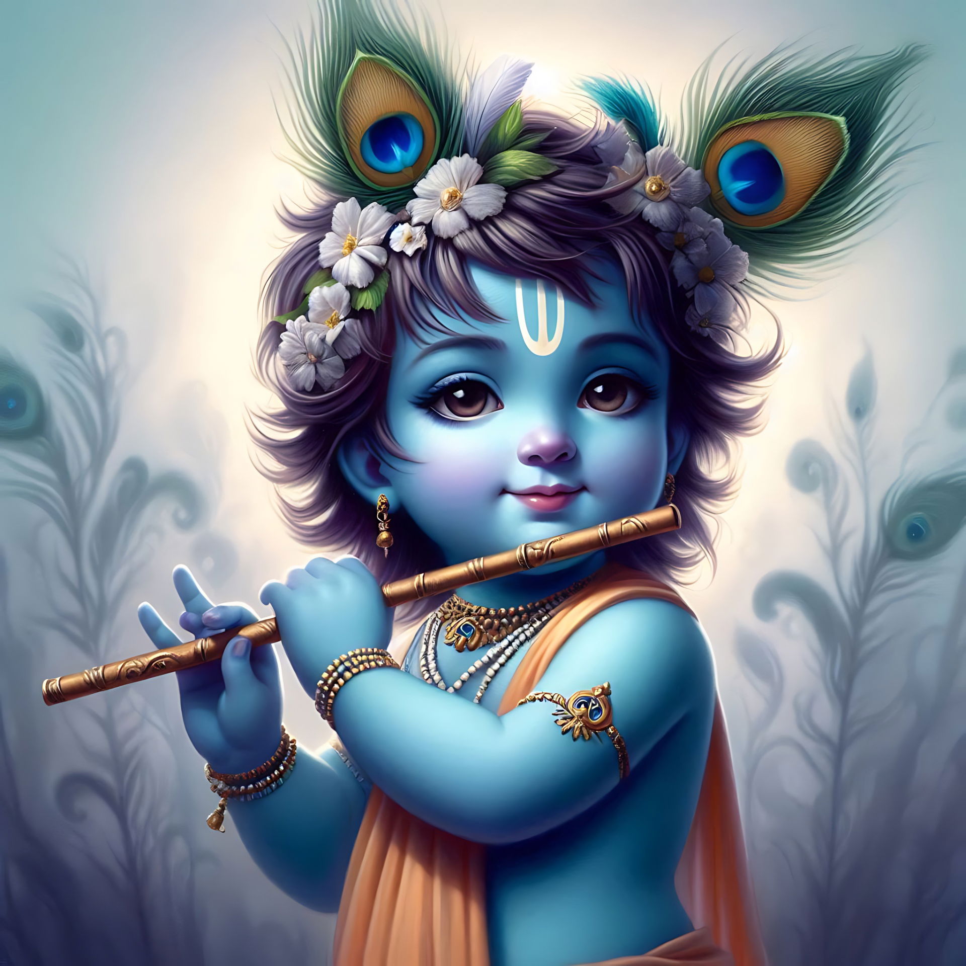 Baby Krishna playing a flute sweetly