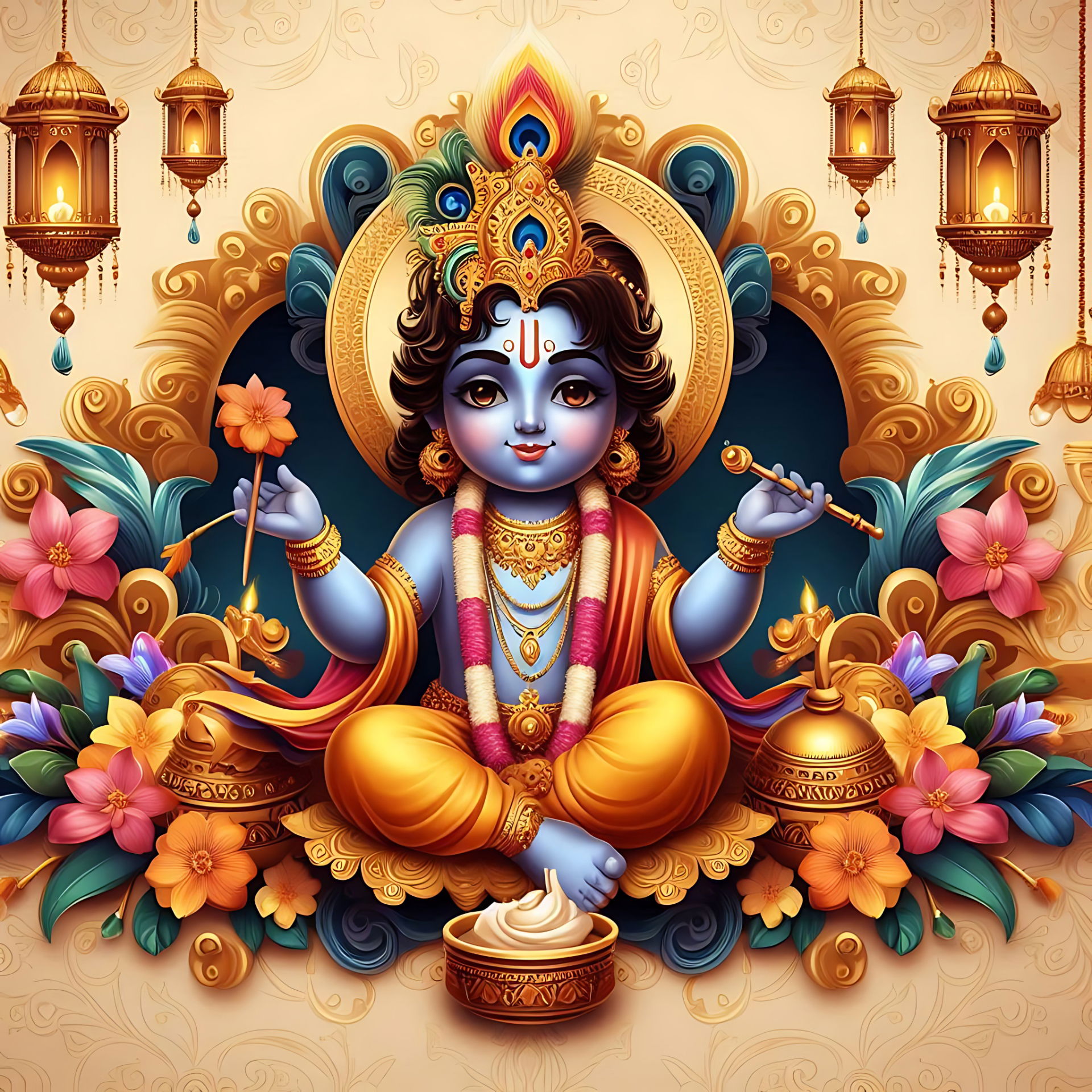 Young Krishna playing flute in floral frame