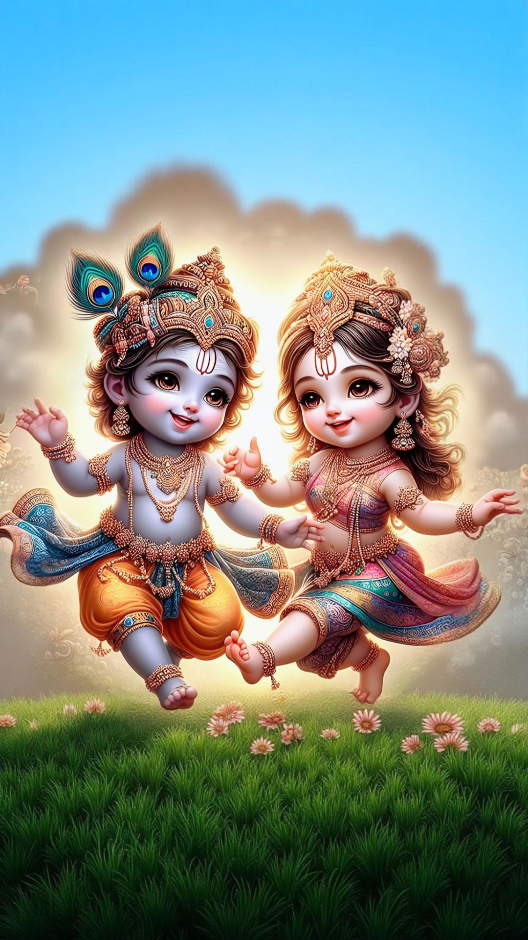 Baby Krishna and Radha dancing joyfully