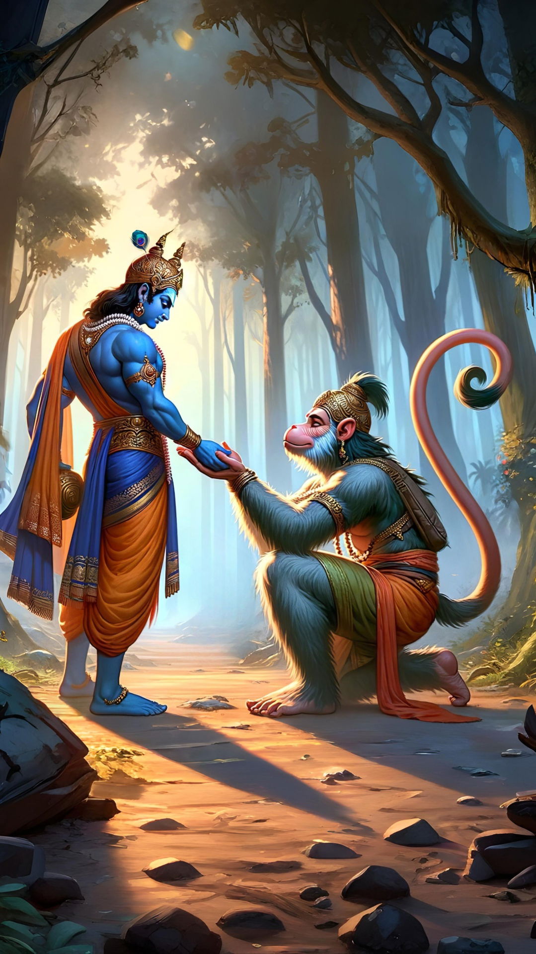 Krishna and Hanuman in a forest scene