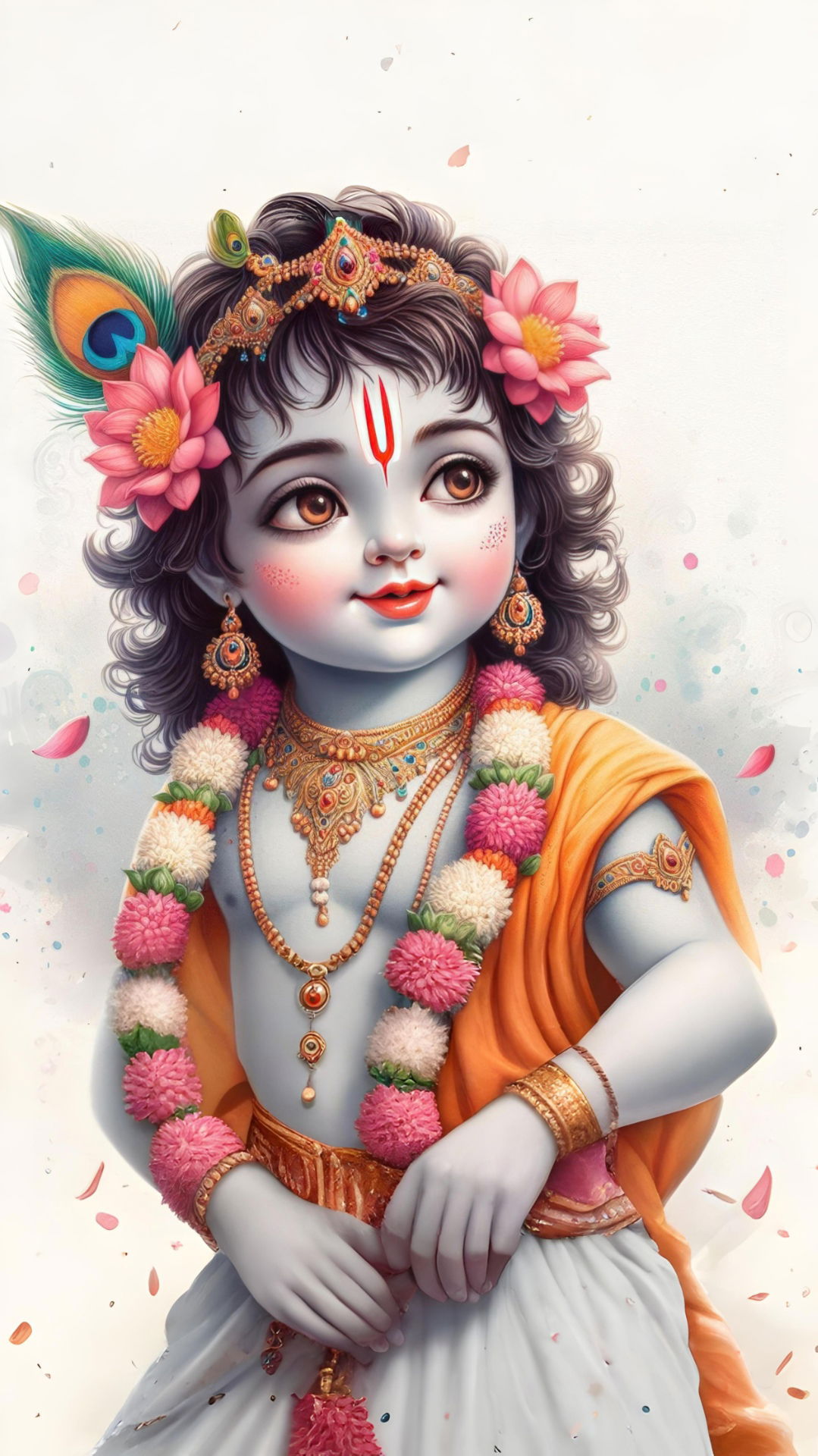 Baby Krishna with flowers and peacock feather