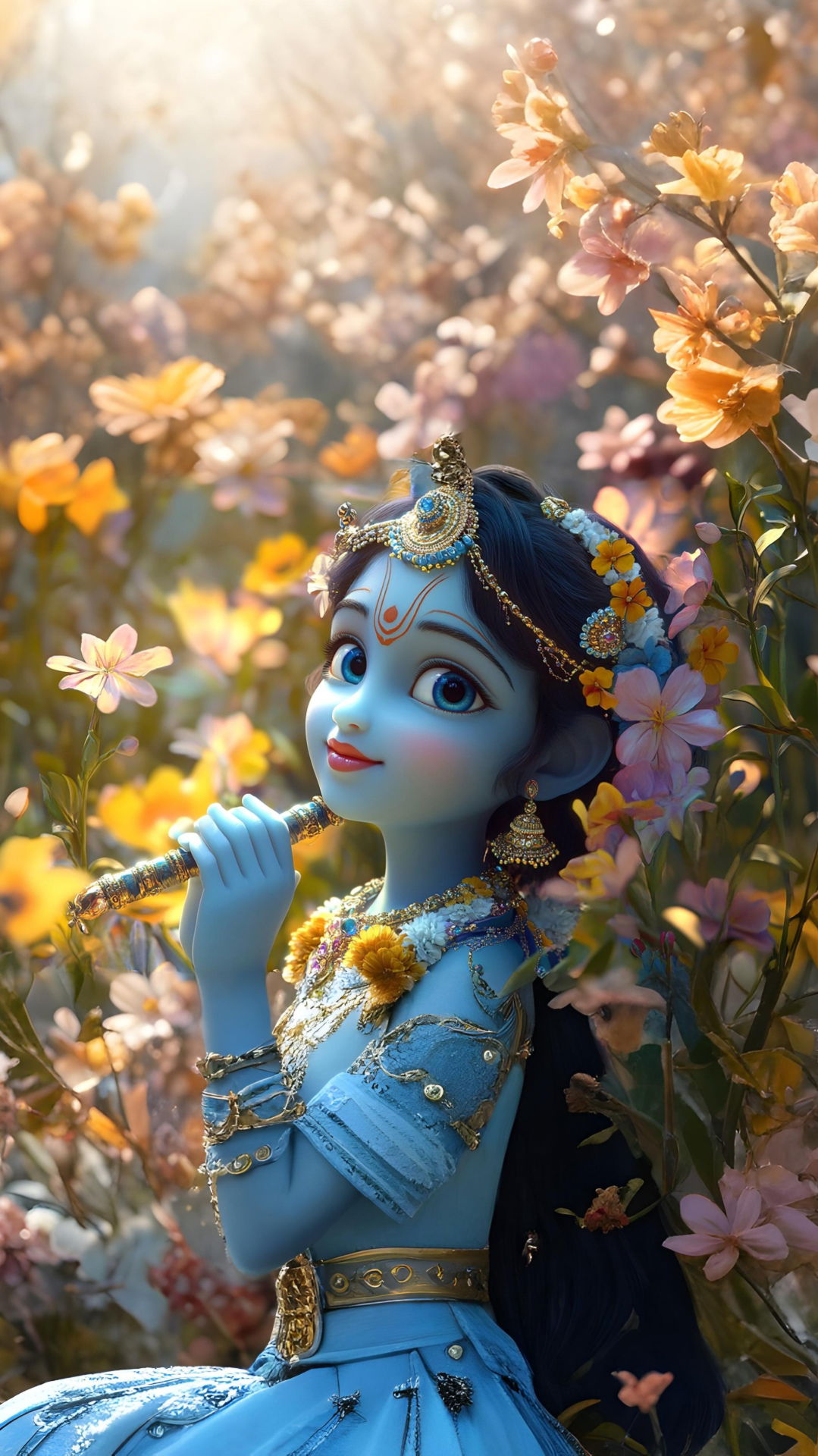 Little Krishna playing a flute in flowers