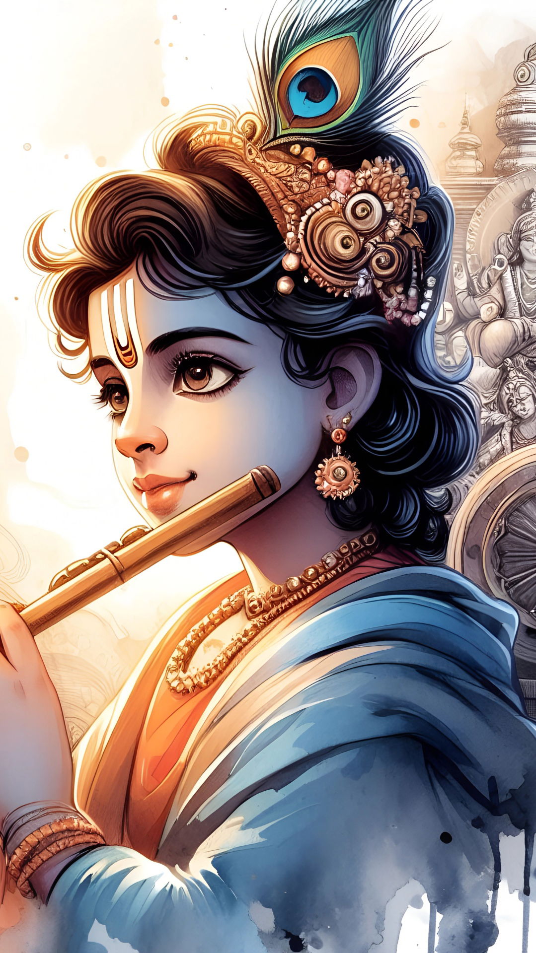 Krishna playing flute, divine portrait.