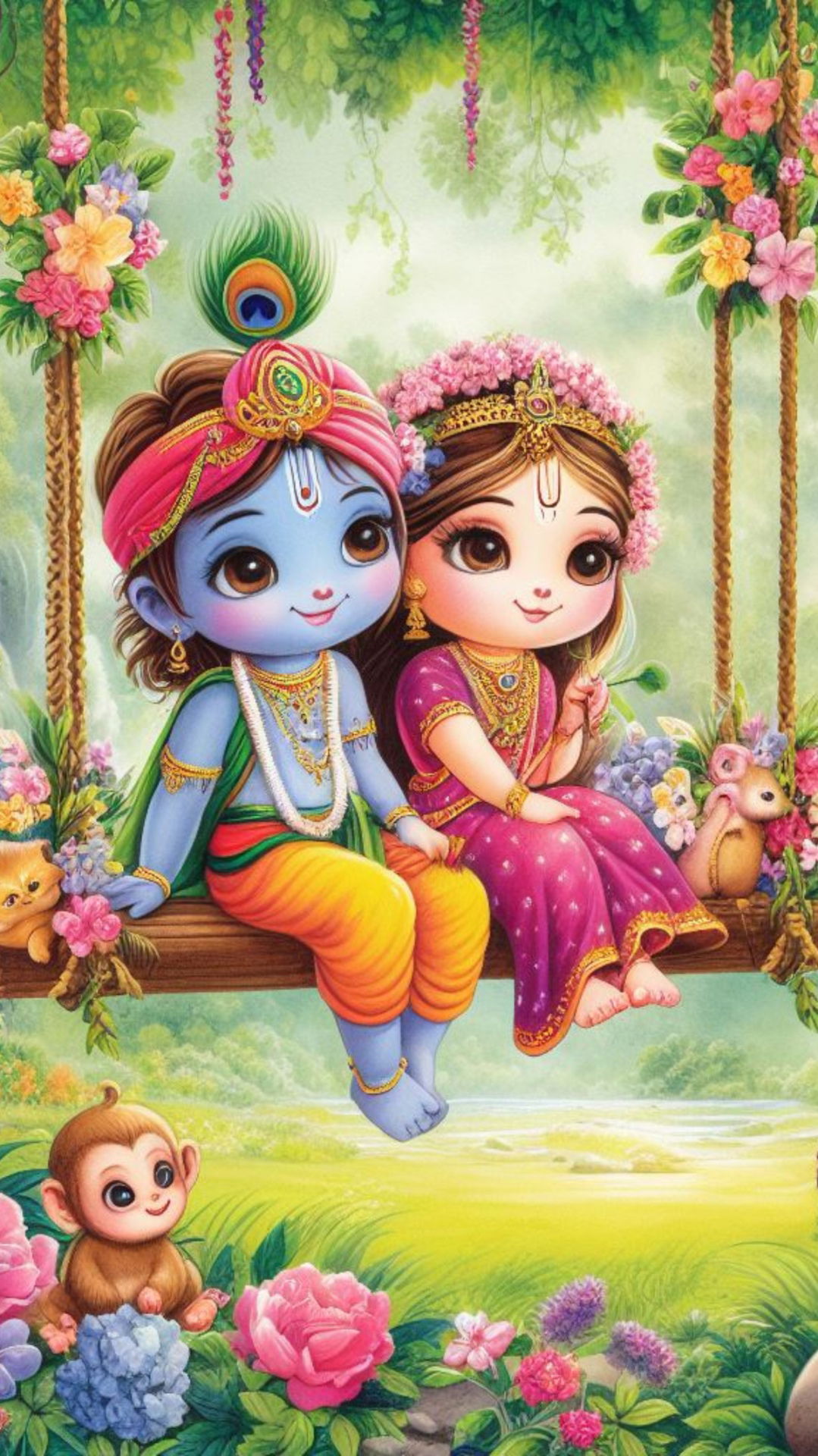 Radha Krishna swinging in floral garden