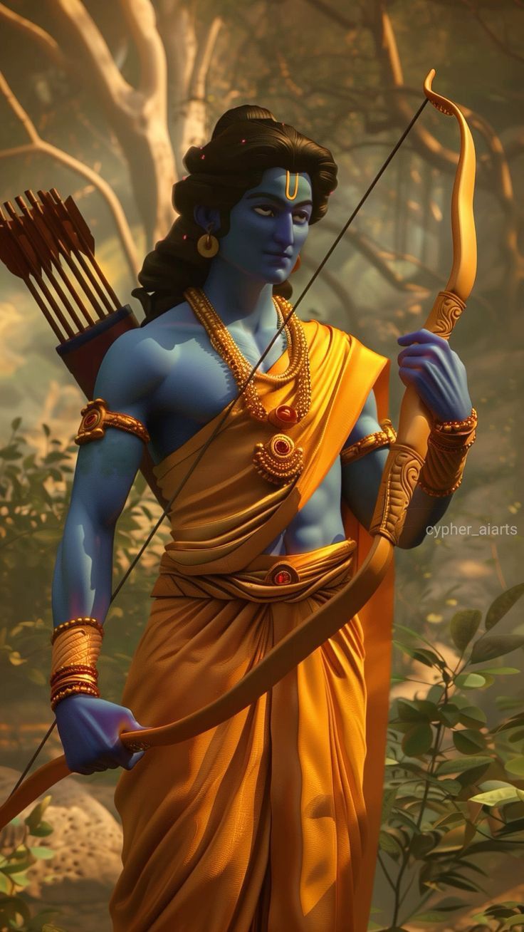 Lord Ram holding bow in forest