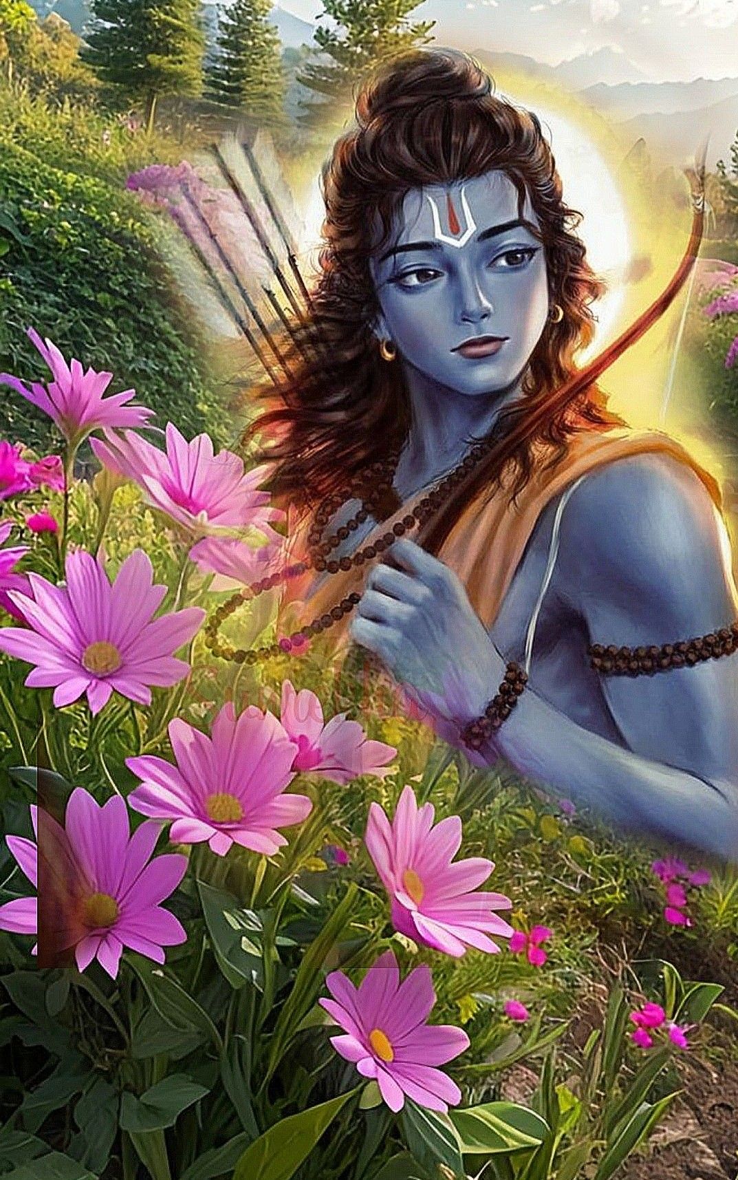 Lord Ram with bow amidst flowers