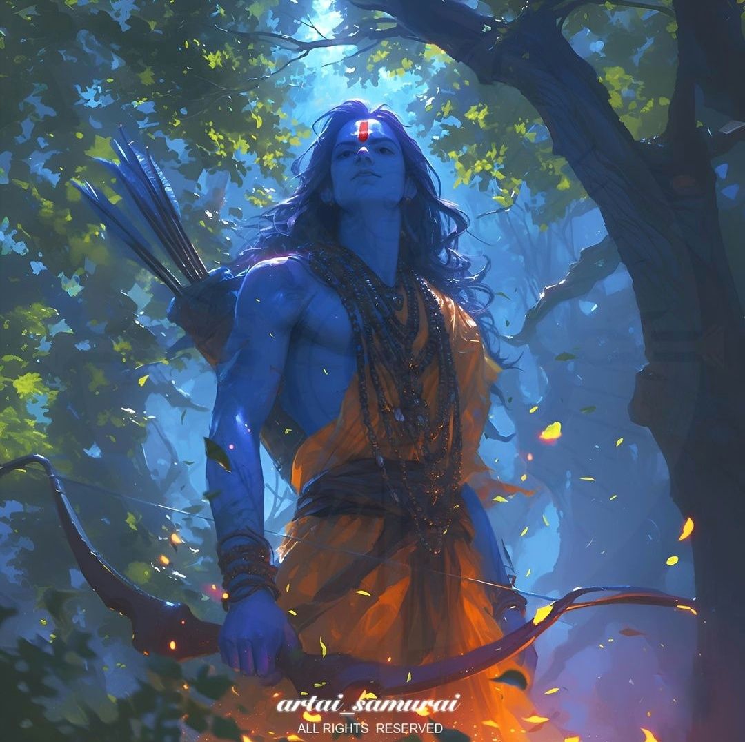 Lord Ram with bow in forest
