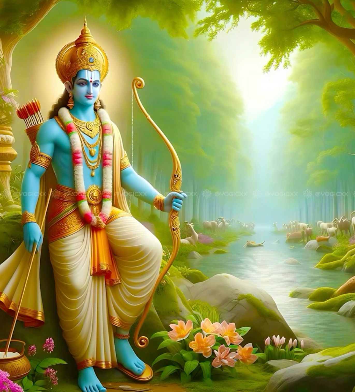 Lord Ram in forest with bow arrow
