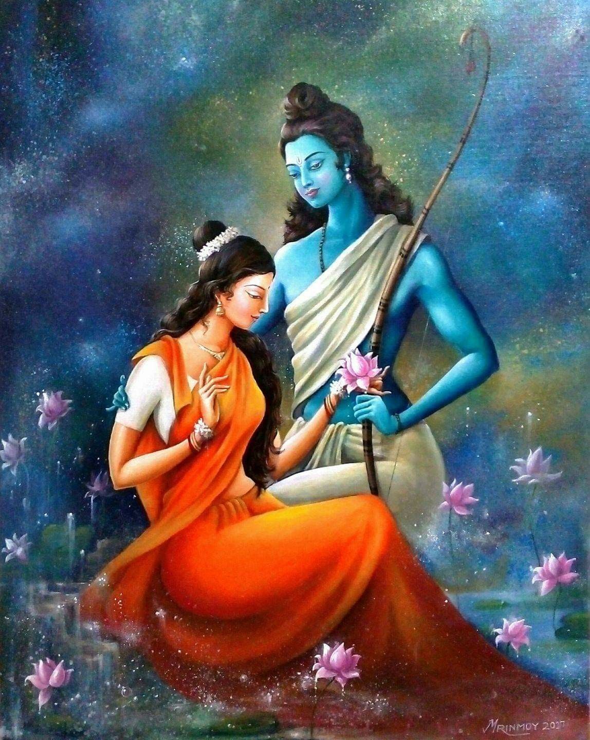 Lord Ram and Sita in lotus garden