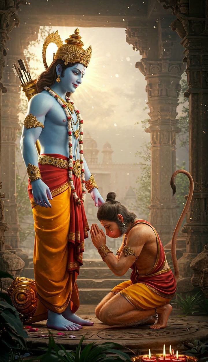 Ram with devoted Hanuman in temple.