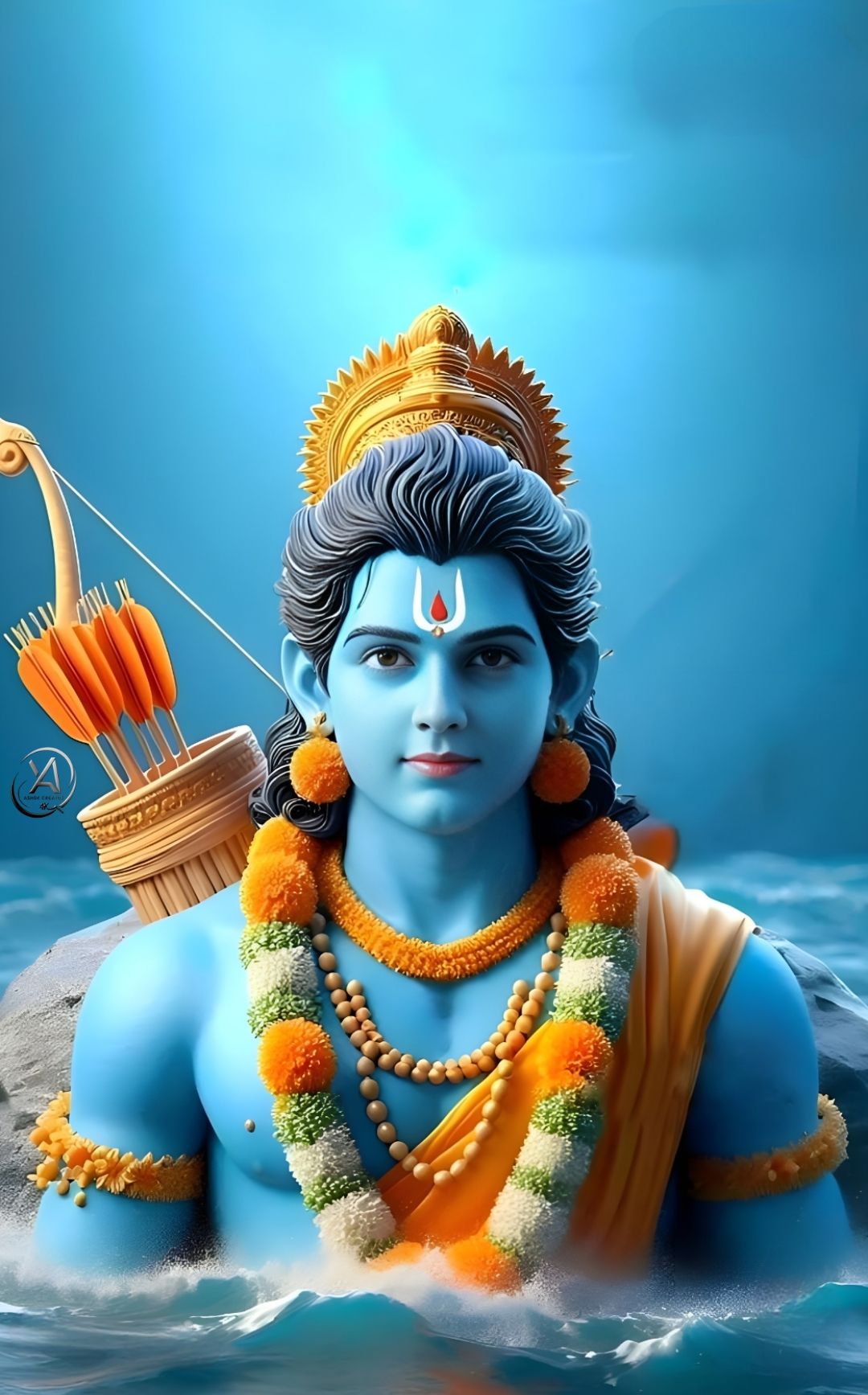 Lord Ram stands with bow, ocean backdrop