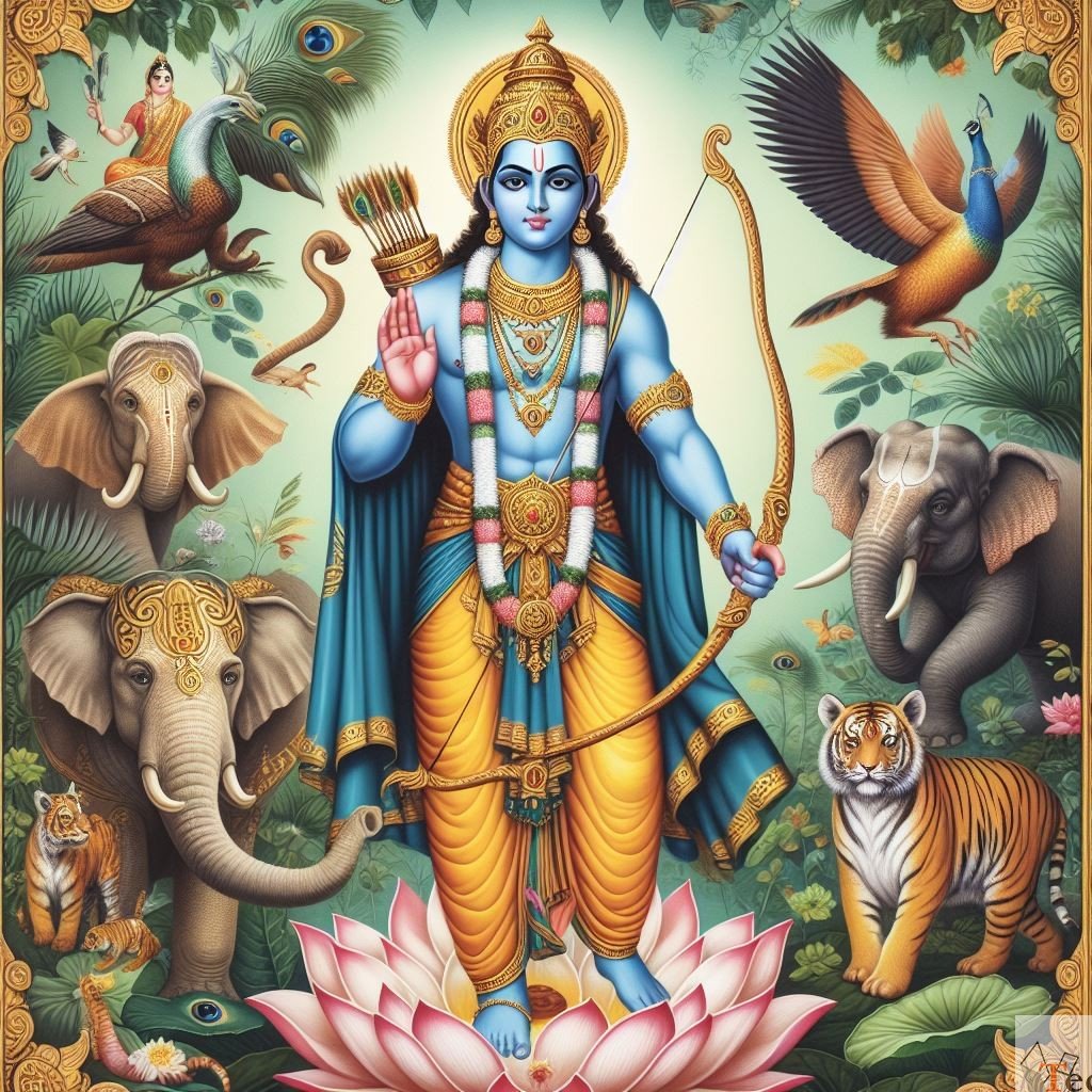 Lord Ram with bow, forest animals