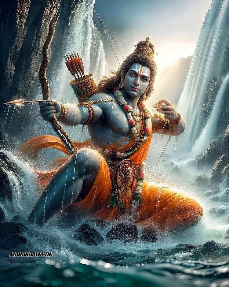 Lord Ram emerging from a waterfall