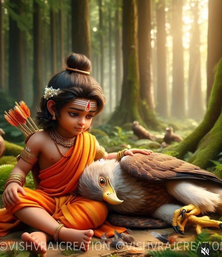 Young Ram with eagle in forest.