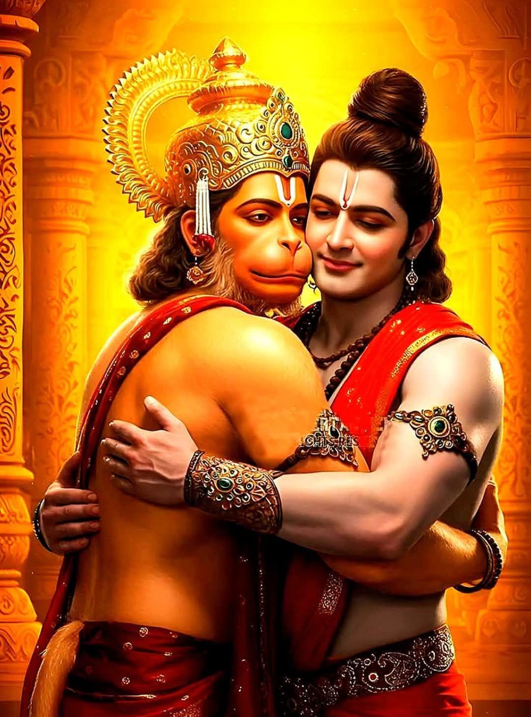 Ram and Hanuman in a loving embrace.