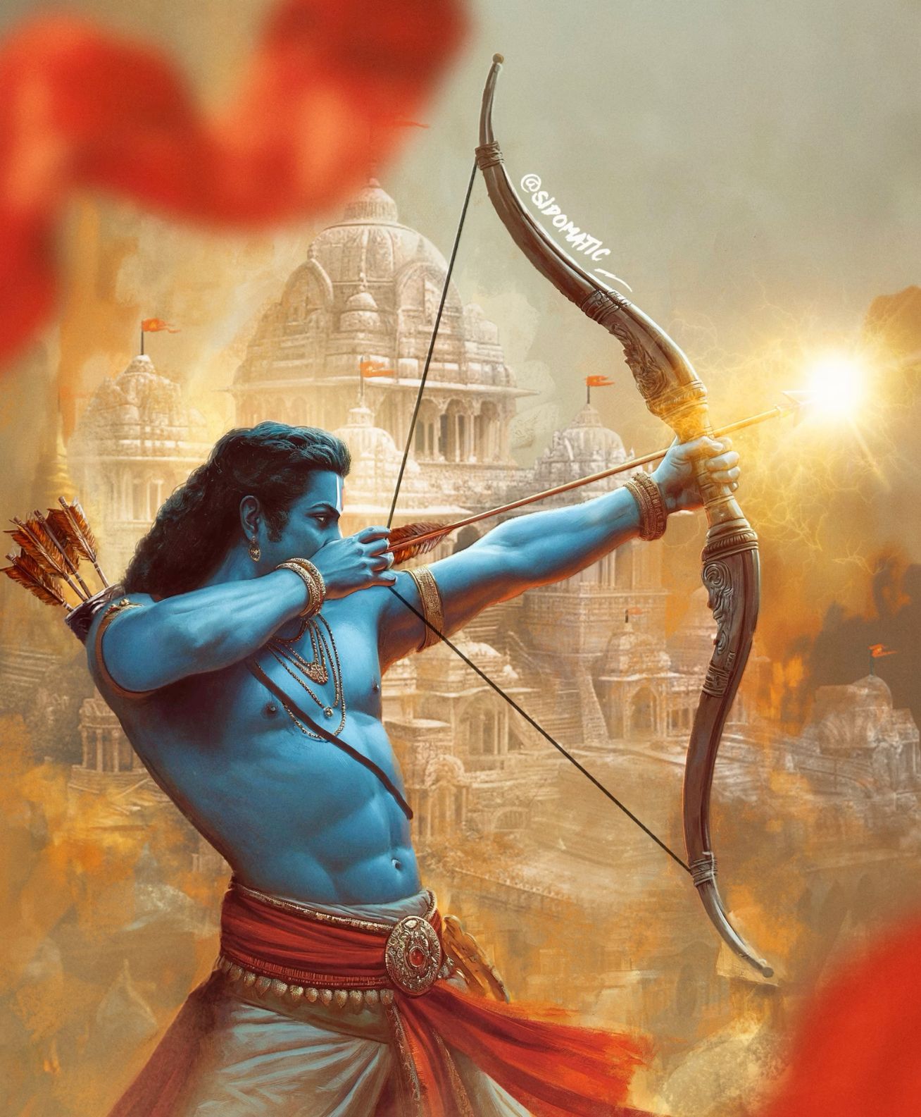 Lord Ram aiming arrow before battle