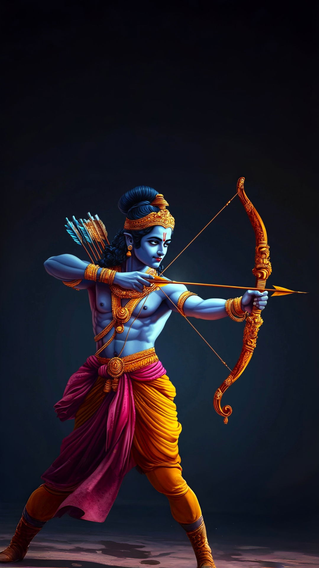 Lord Ram draws his bow, divine warrior.