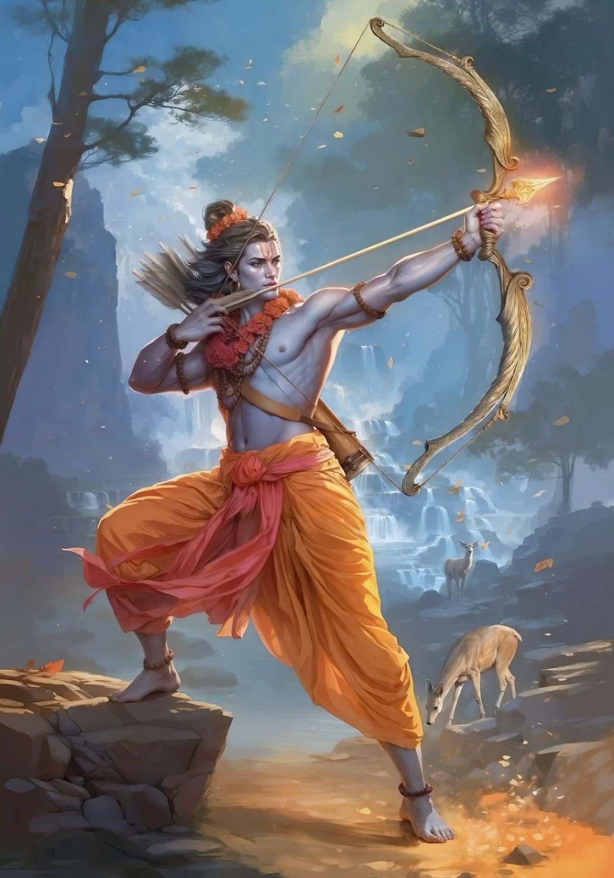 Lord Ram drawing his bow in forest