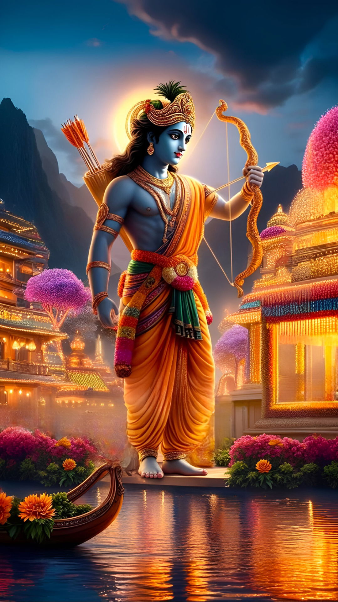 Lord Ram aiming with bow and arrow.