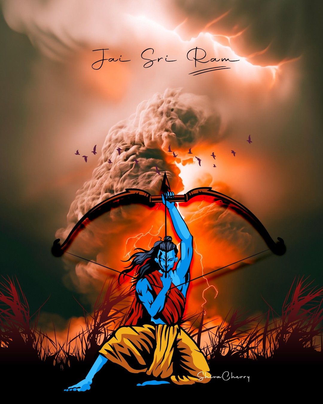 Ram drawing bow, fiery sky backdrop